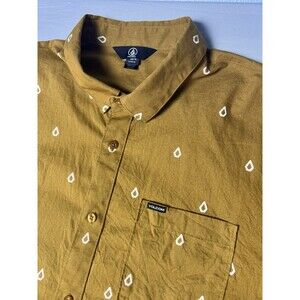 Volcom Short Sleeve Shirt Mens Medium XL Brown Ochre Drop Print Button Down